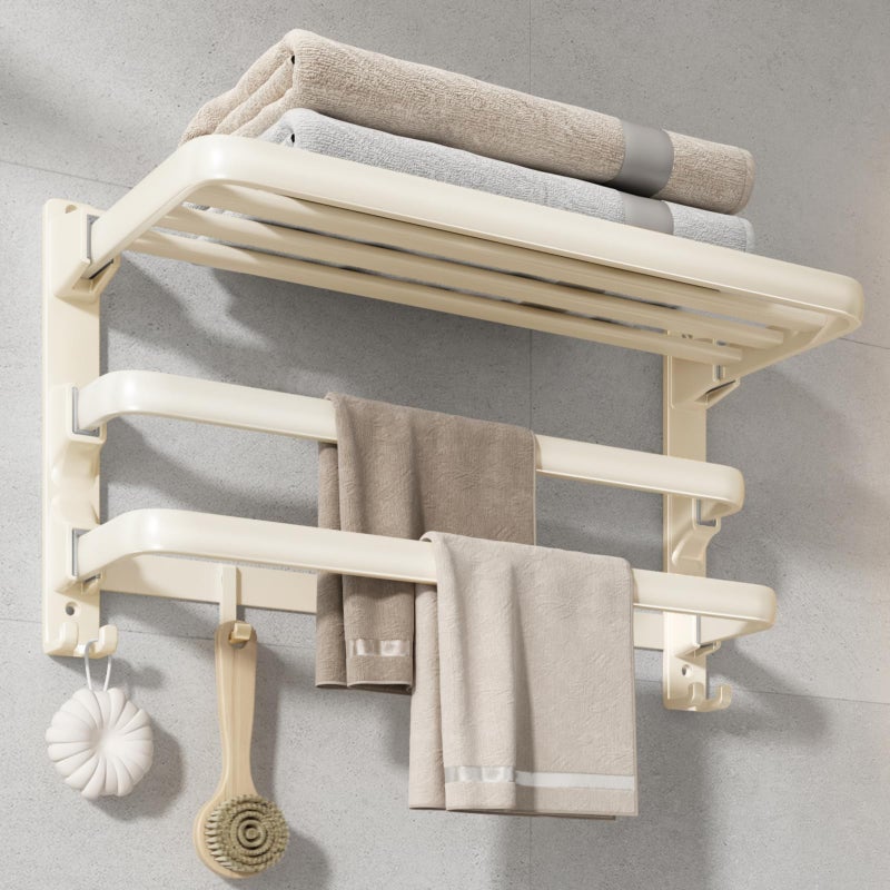 VOLDRA Towel Racks for Bathroom, 24-Inch Towel Shelf with 2 Towel Bar Foldable Towel Holder with 7 Hooks Towel Storage Organizer for Bathroom & Lavatory Wall Mounted(Milky White) - Image 1
