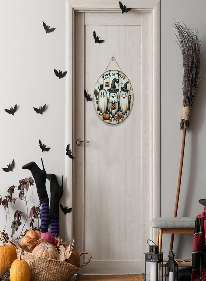 HEYINSHEN Halloween Door Decoration Round Halloween Door Sign Halloween Front Door Welcome Sign Ghost Pumpkin Door Hanger Vintage Trick or Treat Hanging Sign for Home Kitchen Garden Porch Decor - Image 5