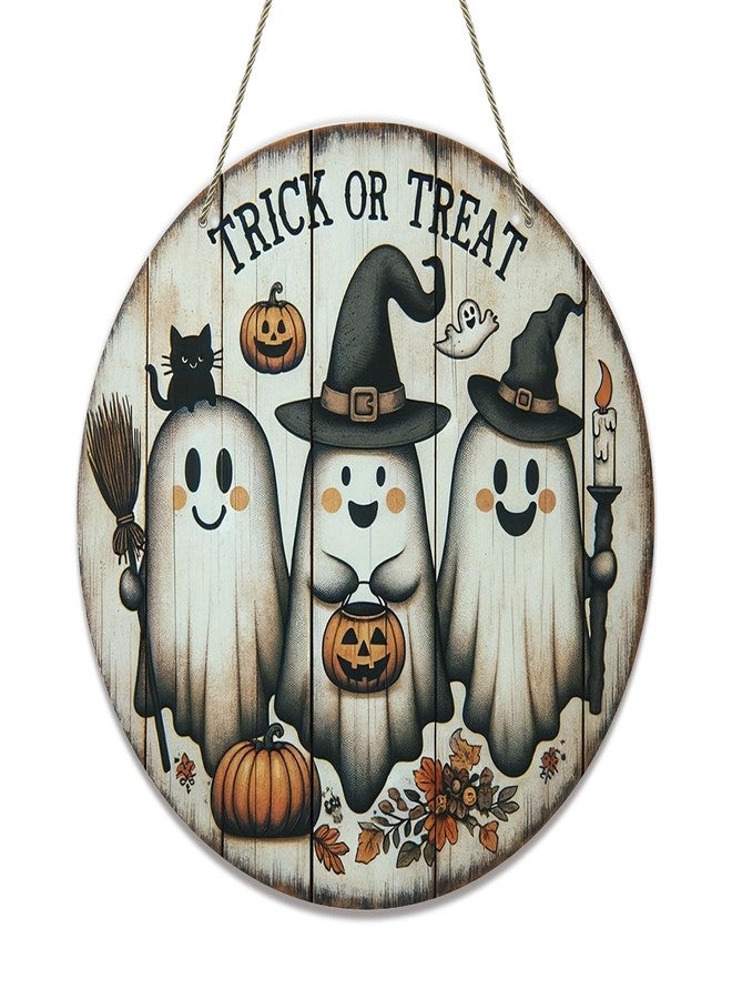 HEYINSHEN Halloween Door Decoration Round Halloween Door Sign Halloween Front Door Welcome Sign Ghost Pumpkin Door Hanger Vintage Trick or Treat Hanging Sign for Home Kitchen Garden Porch Decor - Image 1
