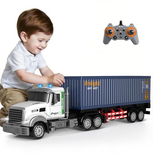 SNACKTANT 236Inch 9Channel Remote Control Semi Truck with Trailer 124 Scale RC Container Carrier Truck Toy for Kids 38 Dual Batteries Light Sound Effects Ultimate Gift for Boys Girls - Image 1