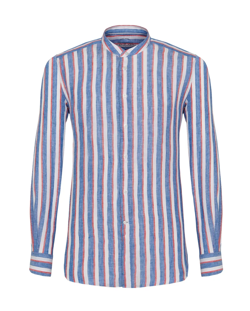 كاميتشسما قميص عصري بقصّة تأخذ شكل الجسم باللون الأزرق من الكتان