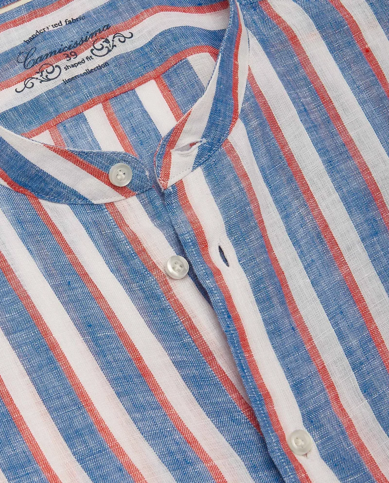 كاميتشسما قميص عصري بقصّة تأخذ شكل الجسم باللون الأزرق من الكتان