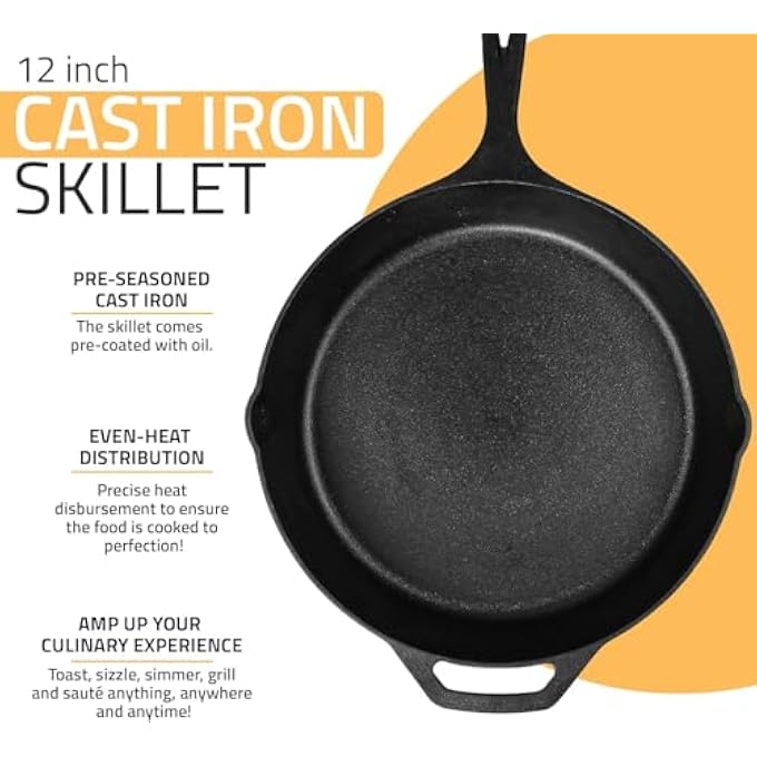Unity Kitchen Cast Iron Frying Pan 12 Inch Cast Iron Chefs Pan With Handles Pre Seasoned Skillet Safe Grill Cookware For Indoor  Outdoor Use Black - Image 3