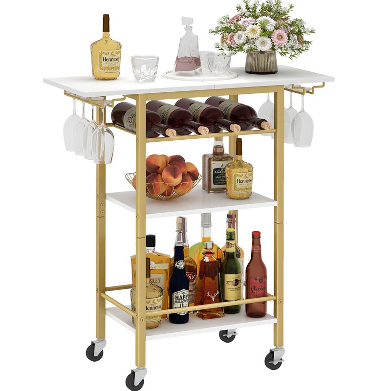 LAATOOREE LAATOOREE Bar Cart Home Bar Serving Cart 3 Tier Mobile Drink Beverage Cart Rolling Kitchen Shelf with Wine and Glass Holder for Dinning Room Living Room Kitchen