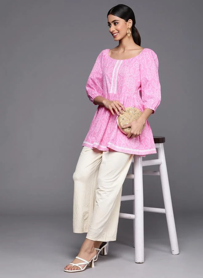 Libas Libas Printed Balloon Sleeve Lace Detail Kurti Top