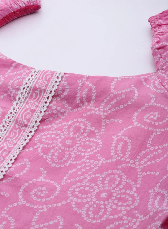 Libas Libas Printed Balloon Sleeve Lace Detail Kurti Top