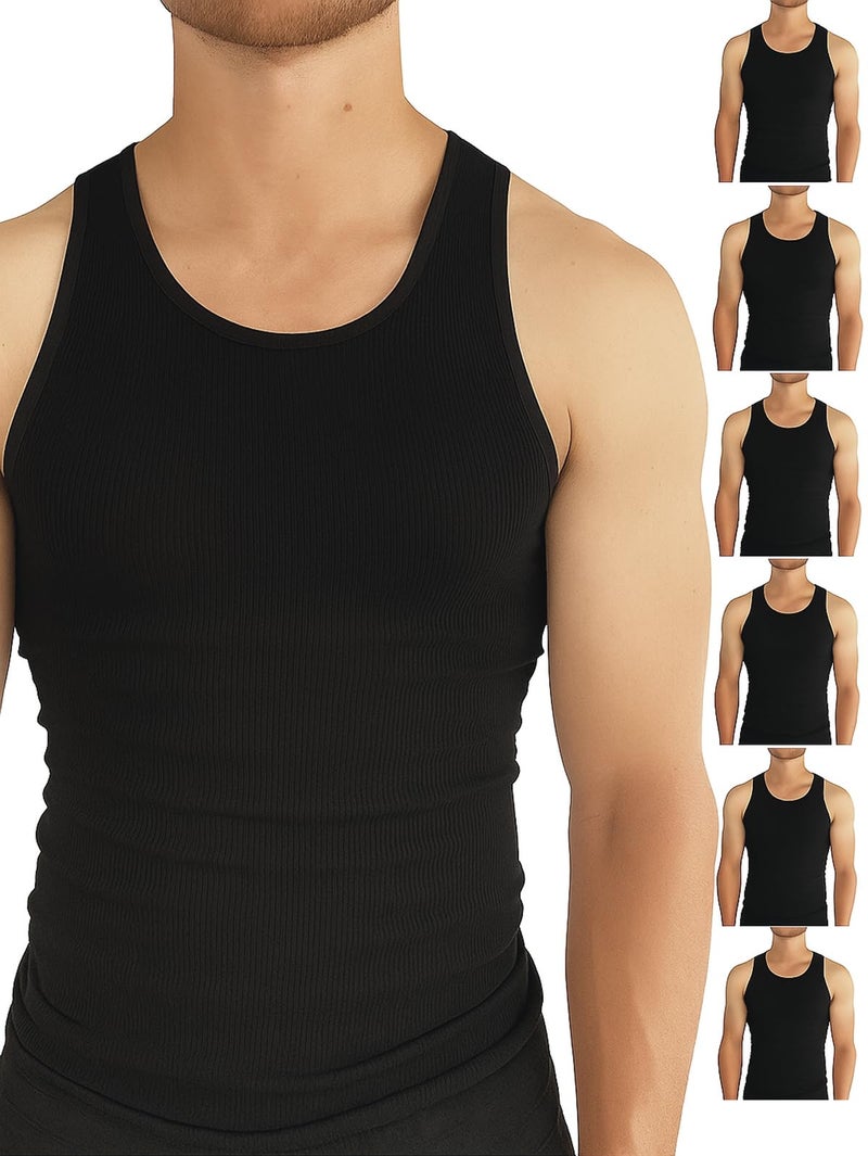 BROOKLYN VERTICAL Mens 6-Pack Tank Tops | Moisture-Wicking Ribbed Lightweight Undershirts Black - Image 1