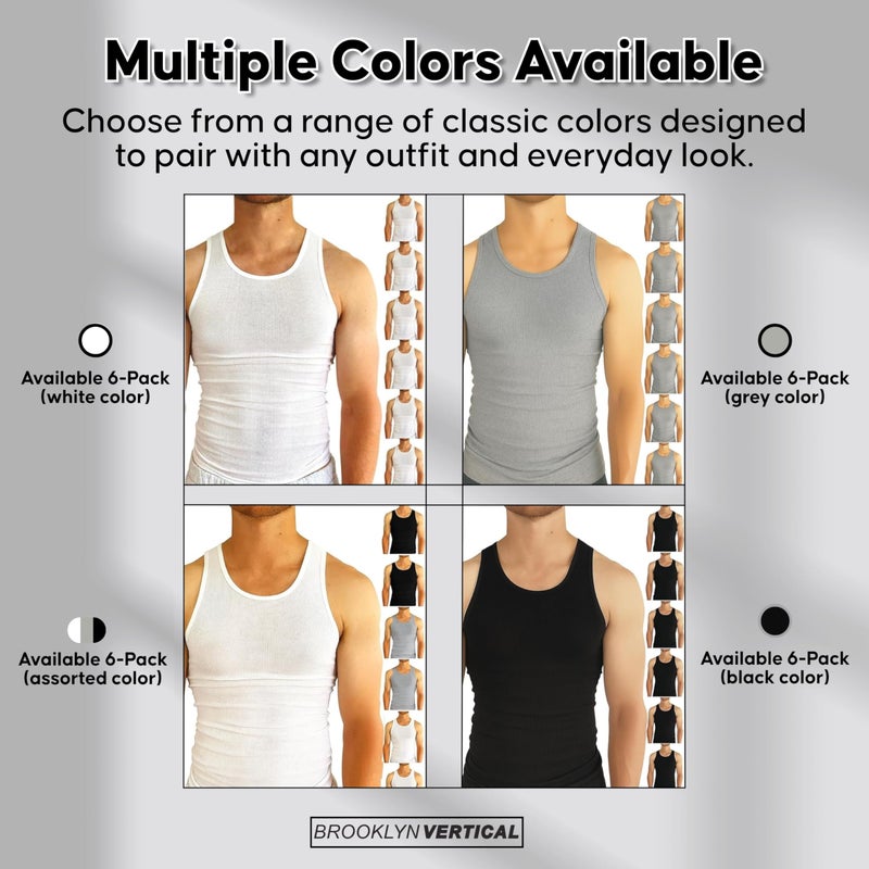 BROOKLYN VERTICAL Mens 6-Pack Tank Tops | Moisture-Wicking Ribbed Lightweight Undershirts Black - Image 5