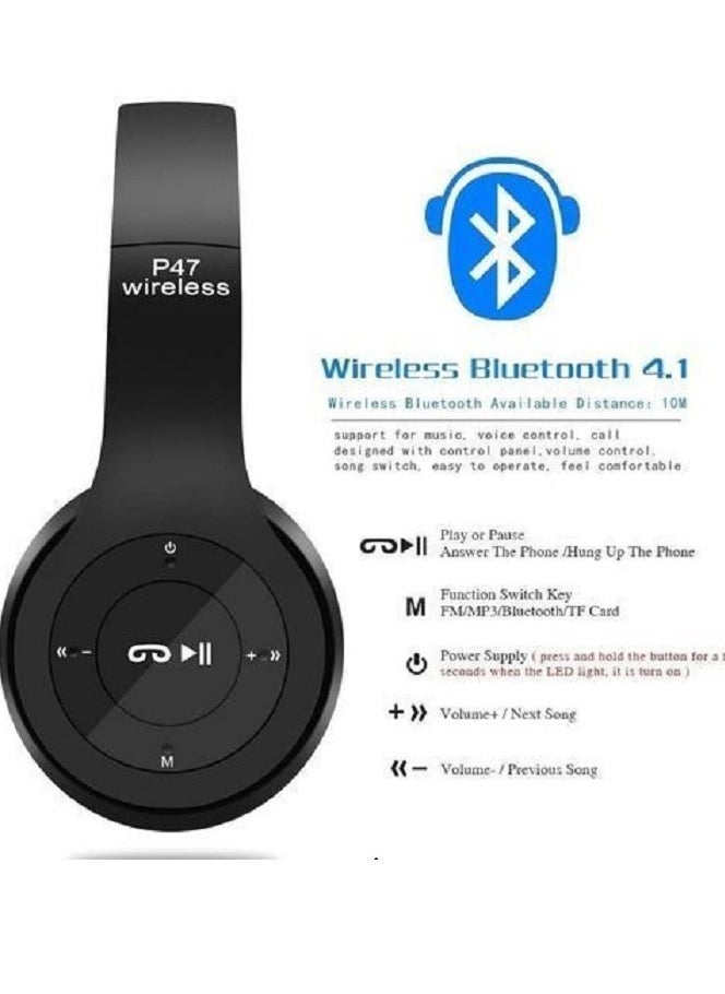 P47 Foldable Wireless Bluetooth On-Ear Headphone Headset Bluetooth 5.0,Fm Radio Aux