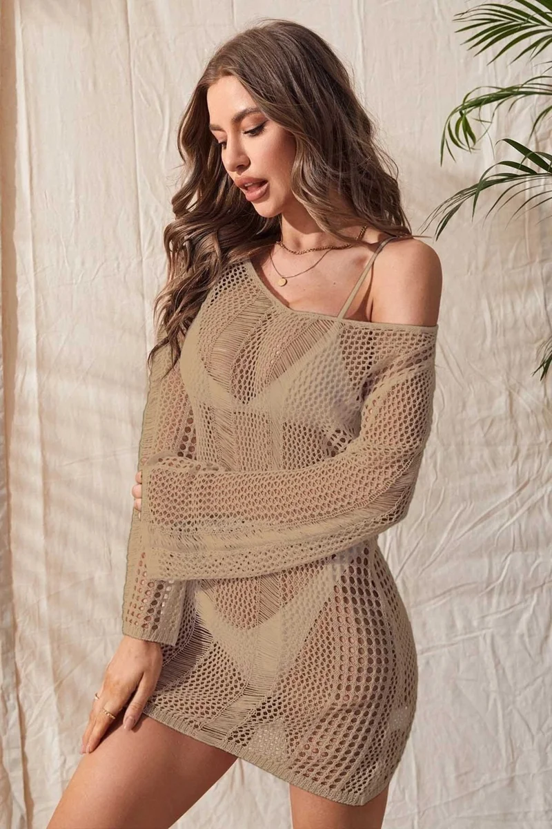 Angelsin Knitted Cotton Long Sleeve Pareo Beach Dress Kimono Kaftan