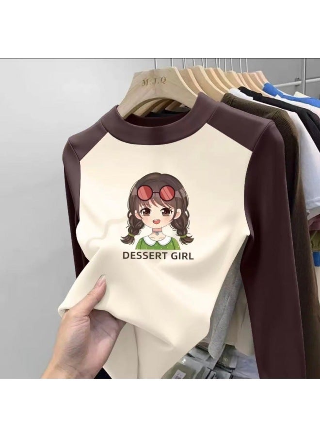 Girls' Ribbed Thermal Round Neck Base Shirt Autumn Winter New Color-block Long-sleeve Top For Older Children