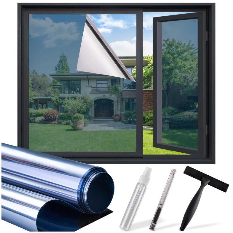 SUNBABY Window Tint for Home, One Way Privacy Film Heat & UV Blocking, Static Cling No Glue Renter Friendly Cover for Home Bedroom, Office & Sliding Glass Door, 17.5 x 78.7 Inch with 3 Tools, Blue - Image 1