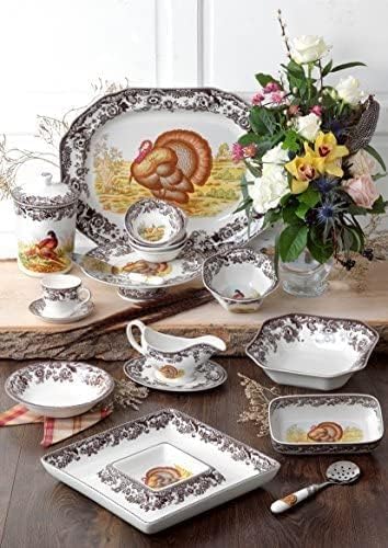 Spode Woodland 1525 Bread Tray with Turkey Motif  Classic Thanksgiving Turkey Serving Platter for Holiday Dinners Fall Gatherings Seasonal Events  Fine Porcelain Dishwasher  Microwave Safe - Image 3