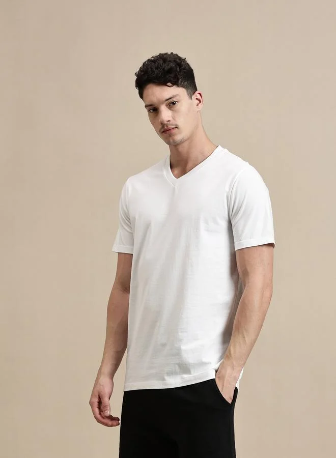 ECOLORE Men White V Neck Slim Fit T-Shirt