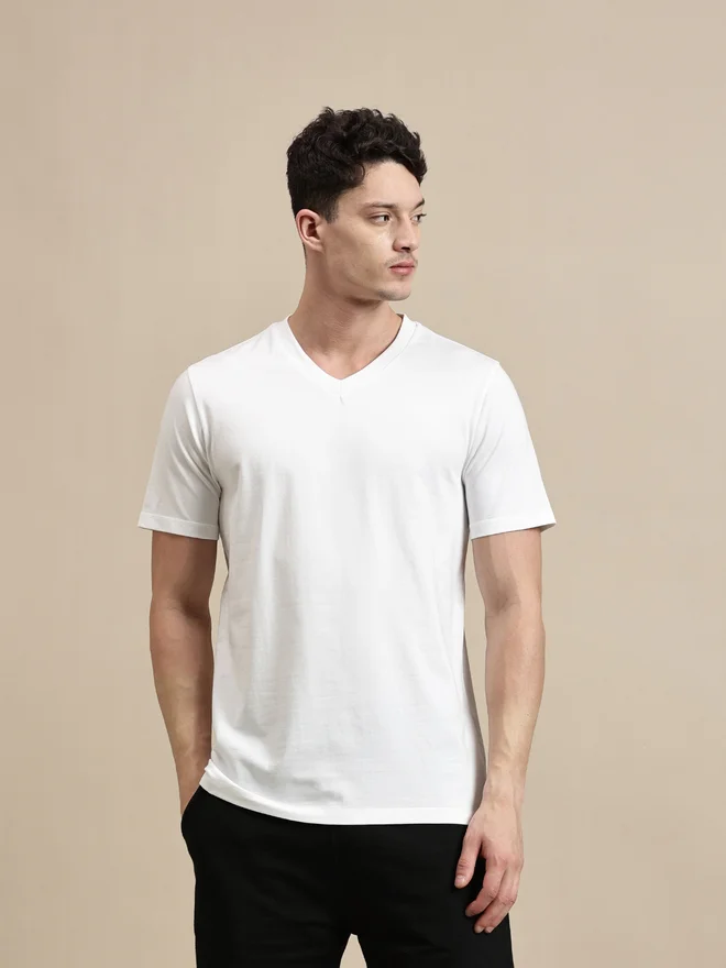 ECOLORE Men White V Neck Slim Fit T-Shirt
