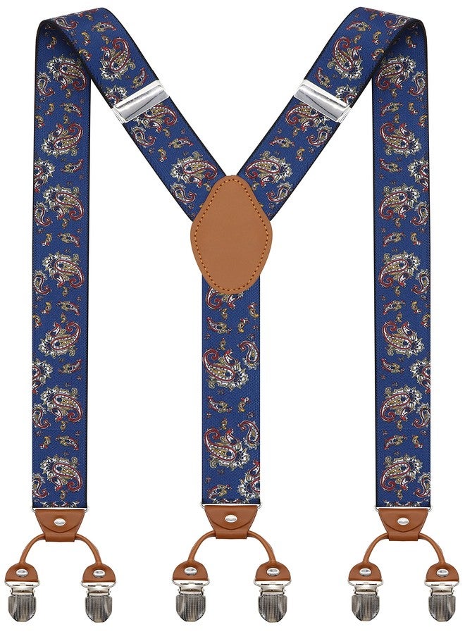 Bioterti Men’s Y-Shaped Heavy Duty Suspenders – 6 Metal Clips, Elastic Straps (Navy Paisley) - Image 1