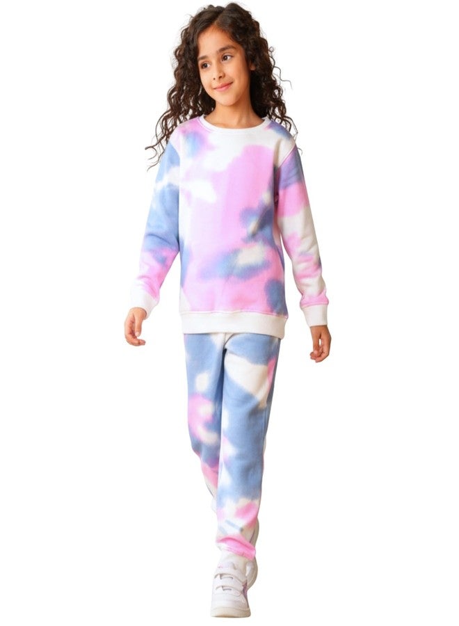 انثريلو طقم سويت شيرت رياضي للبنات من أنثريلو، أزرق وردي بنقشة ربطة العنق - أبيض | 9-10 سنوات - Image 1