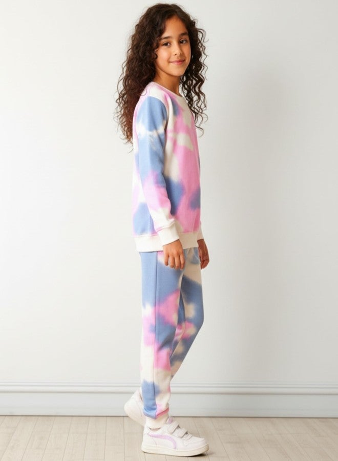 انثريلو طقم سويت شيرت رياضي للبنات من أنثريلو، أزرق وردي بنقشة ربطة العنق - أبيض | 9-10 سنوات - Image 4