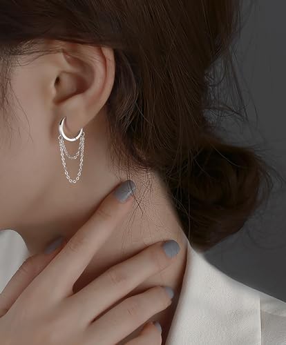 Reffeer أقراط هووب صغيرة متدلية بسلسلة من الفضة الإسترلينية 925 من ريفير للنساء والمراهقات (فضي) - Image 2