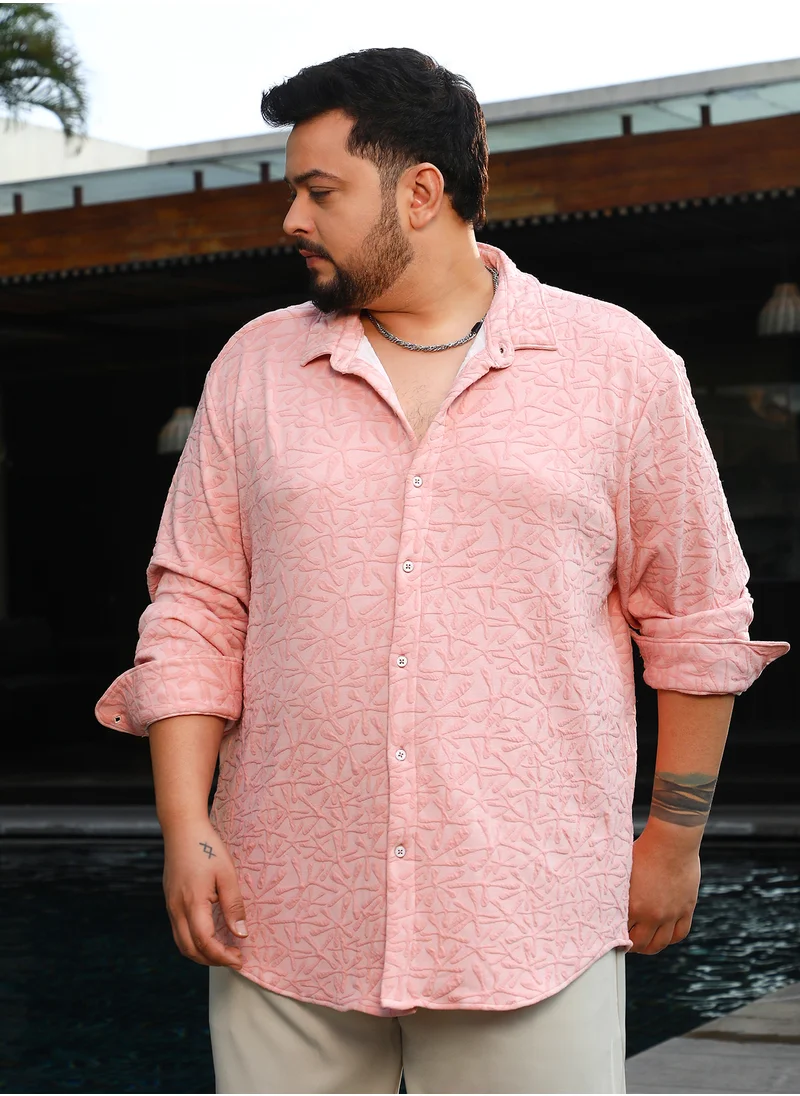 Instafab Plus Instafab Plus Men's Rouge Pink Bloom-Textured Shirt For Casual Wear | Spread Collar | Long Cuffed Sleeves | Button Closure | Plus Size Shirt Crafted With Comfort Fit For Everyday Wear