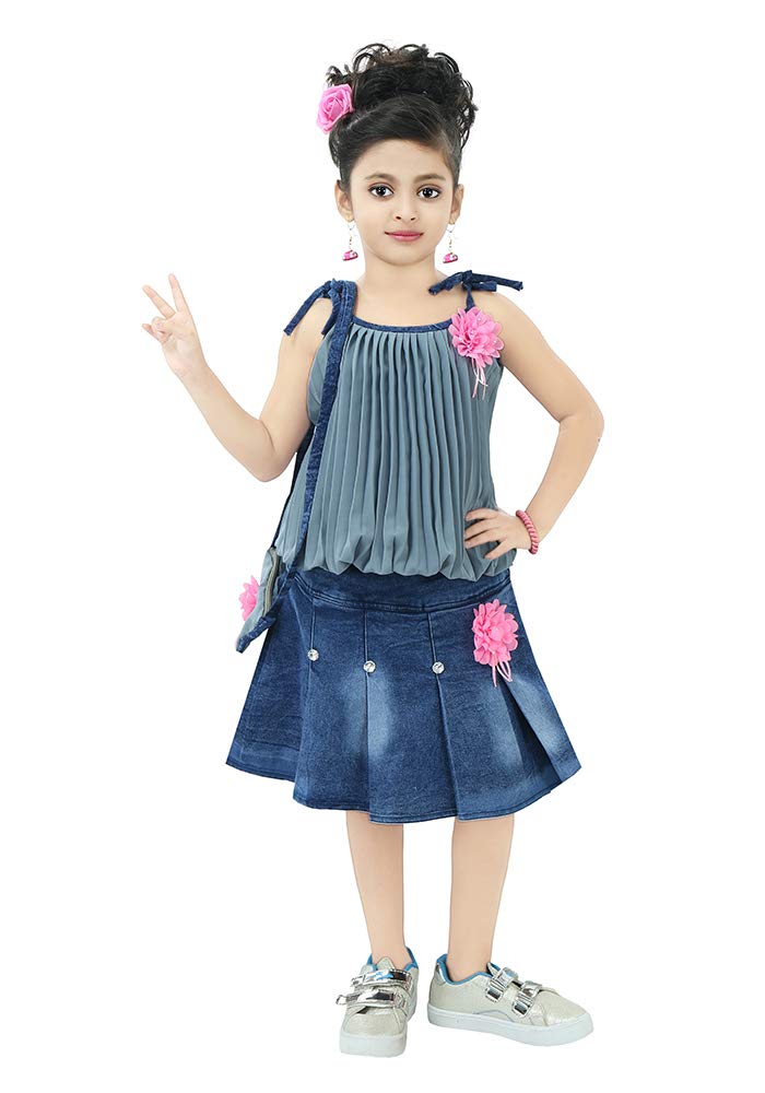 Chandrika Cotton Blend Girl's Midi Top With Skirt (CPGL0023-GREY-22_Grey_2 Years-3 Years) - Image 4
