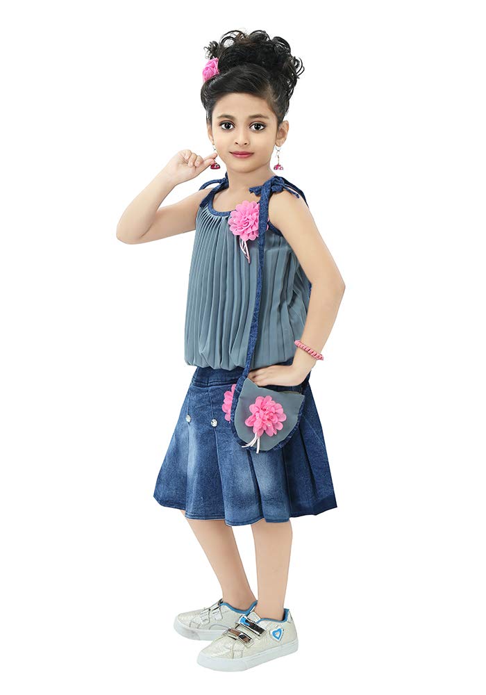 Chandrika Cotton Blend Girl's Midi Top With Skirt (CPGL0023-GREY-22_Grey_2 Years-3 Years) - Image 3