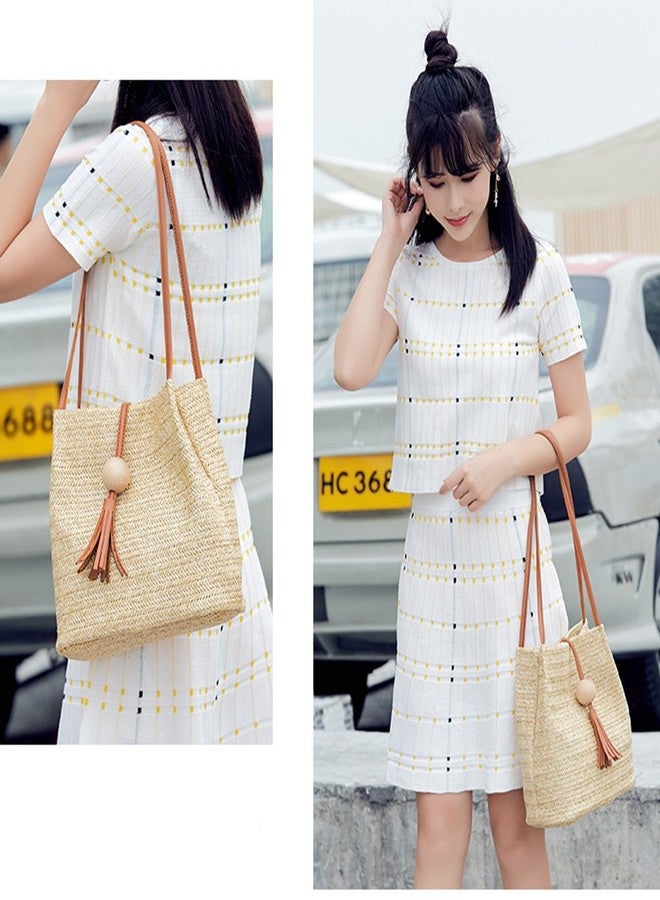 GL-Turelifes Medium Straw Bag Hand Weave Beach Handbag Summer Crossbody Shoulder Bags Bucket Tassel Totes for Women - Image 2