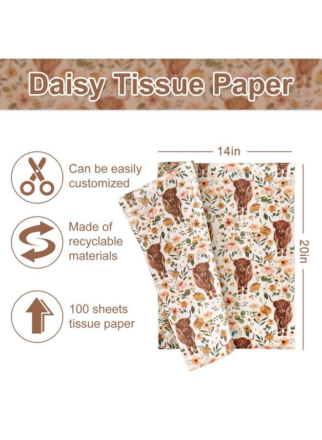 AnyDesign AnyDesign Boho Floral Highland Cow Tissue Paper 100 Sheet Watercolor Flower Art Tissue Farmhouse Cute Cow Wrapping Paper for DIY Crafts Gift Packing, 19.7 x 13.8 Inch - Image 2