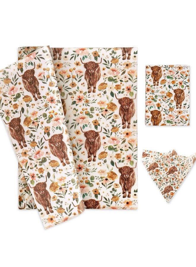 AnyDesign AnyDesign Boho Floral Highland Cow Tissue Paper 100 Sheet Watercolor Flower Art Tissue Farmhouse Cute Cow Wrapping Paper for DIY Crafts Gift Packing, 19.7 x 13.8 Inch - Image 1