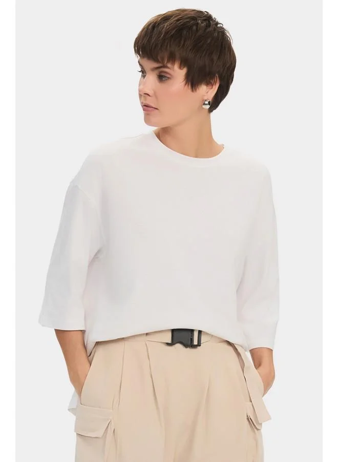 JUNE June Women 100% Cotton Oversize/loose Fit Crew Neck Flowy Tshirt White