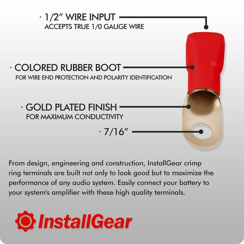 InstallGear 1/0 Ring Terminal Connectors - 1/0 Gauge AWG Tinned Pure Copper Lugs with Heat Shrink (20Pack-10 Positive/10 Negative) Electrical Connectors, Heat Shrink Wire Connectors for 1/0 Gauge Wire - Image 2