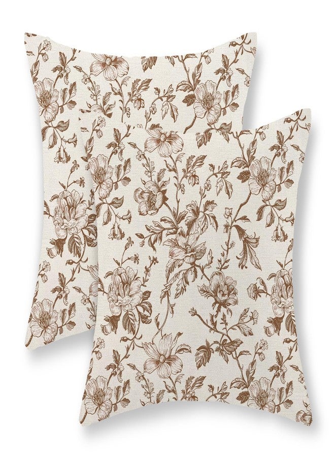 JEFERSO Brown Floral Pillow Covers 18x18 Set of 2 Brown and Cream Chinoiserie Floral Decorative Throw Pillows Vintage Rustic Toile Flower Pillowcase Outdoor Decor Linen Cushion Covers for Couch Sofa - Image 1