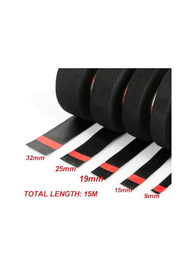 promass 5 Rolls of Wire Insulation Tape for Car Wiring Harness Protection, 15m Black Non-woven Heat-Resistant Self-Adhesive Flame Retardant Tape, 9/15/19/25/32mm - Image 5