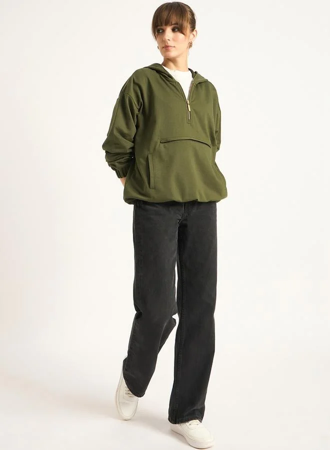 Femmella Olive Half Zip Up Terry Hoodie