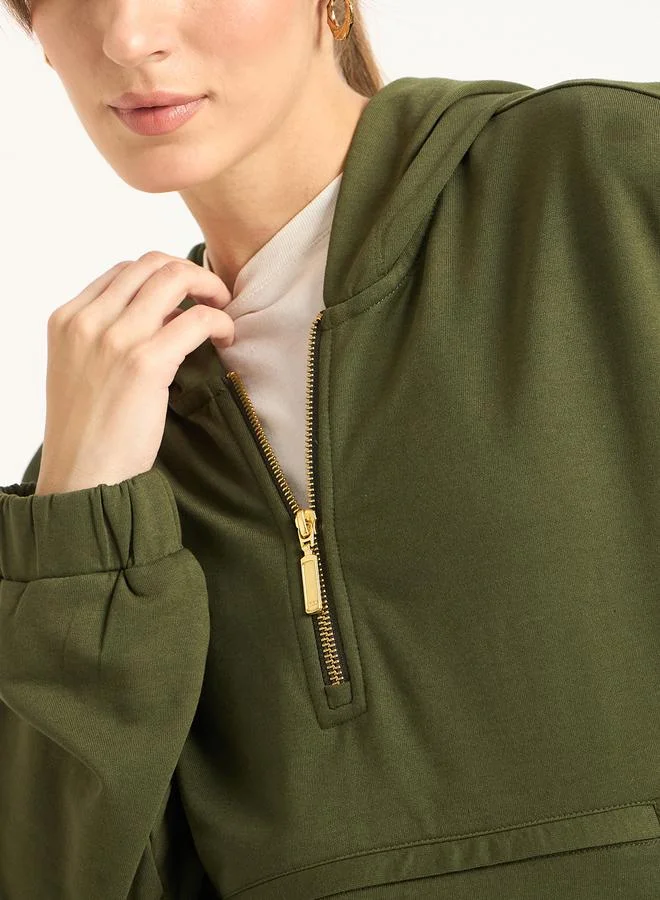 Femmella  Olive Half Zip Up Terry Hoodie for Women | Best Price UAE