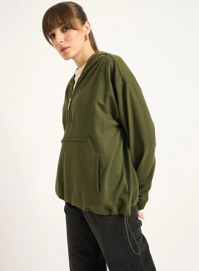 Femmella  Olive Half Zip Up Terry Hoodie for Women | Best Price UAE