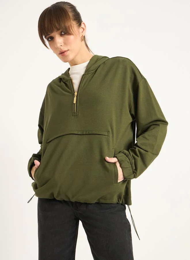 Femmella  Olive Half Zip Up Terry Hoodie for Women | Best Price UAE