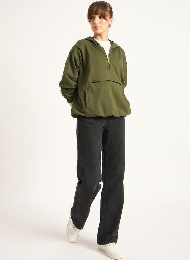 Femmella Olive Half Zip Up Terry Hoodie - Image 1