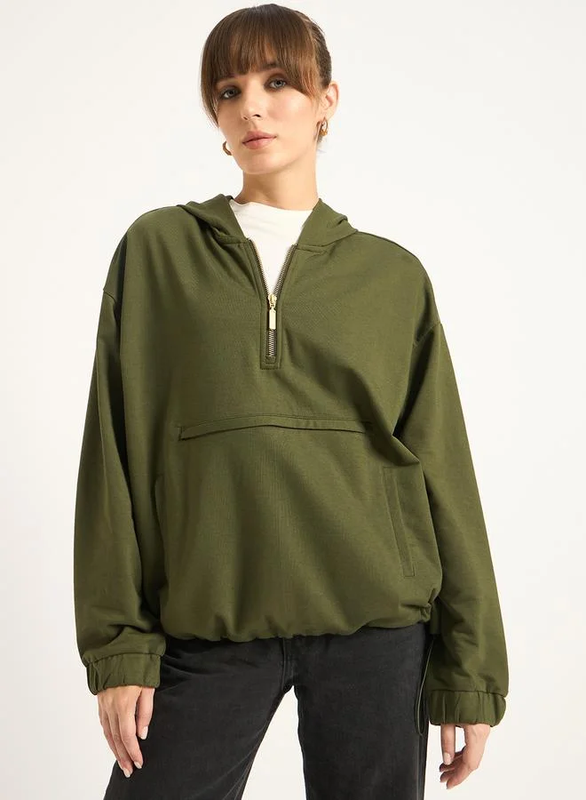 Femmella Olive Half Zip Up Terry Hoodie