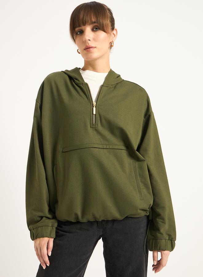 Femmella Olive Half Zip Up Terry Hoodie - Image 2