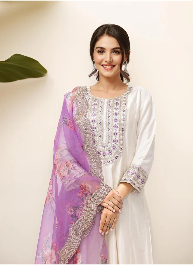 ISHIN Anarkali Fit Embroidered Pattern Round Neck Three-Quarter Sleeves White Colour Knitted Cotton Kurta Set for Women with Semi Elastic Closure - A Statement Piece for Every Look