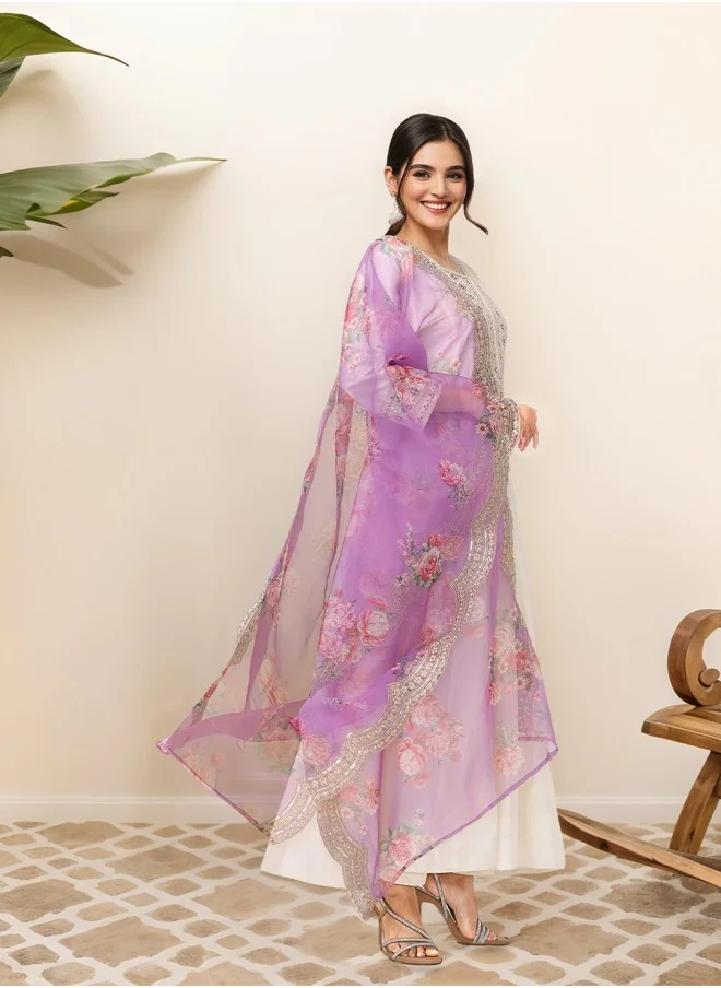 ISHIN Anarkali Fit Embroidered Pattern Round Neck Three-Quarter Sleeves White Colour Knitted Cotton Kurta Set for Women with Semi Elastic Closure - A Statement Piece for Every Look