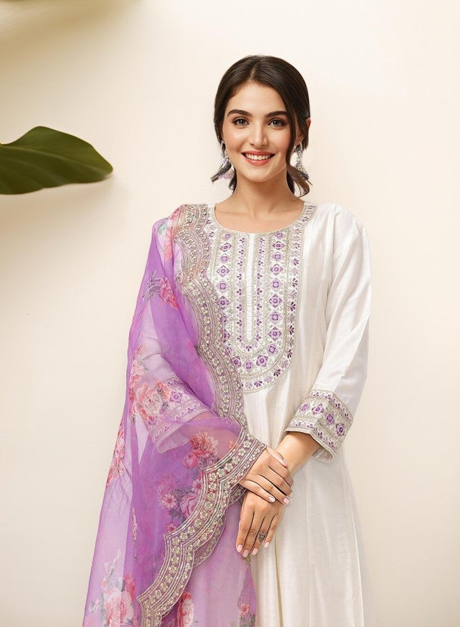 ISHIN Women's White 100% Cotton Embroidered Anarkali Kurta Set  - Image 3