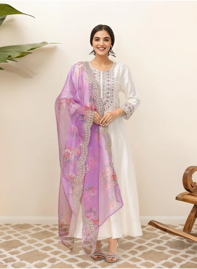 ISHIN Anarkali Fit Embroidered Pattern Round Neck Three-Quarter Sleeves White Colour Knitted Cotton Kurta Set for Women with Semi Elastic Closure - A Statement Piece for Every Look