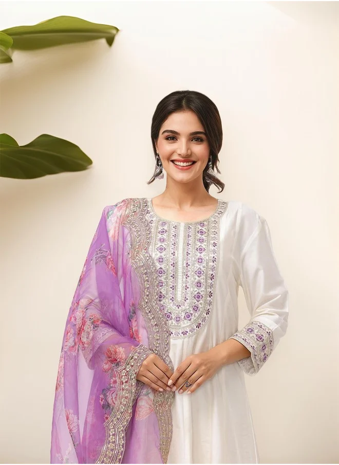 ISHIN Anarkali Fit Embroidered Pattern Round Neck Three-Quarter Sleeves White Colour Knitted Cotton Kurta Set for Women with Semi Elastic Closure - A Statement Piece for Every Look