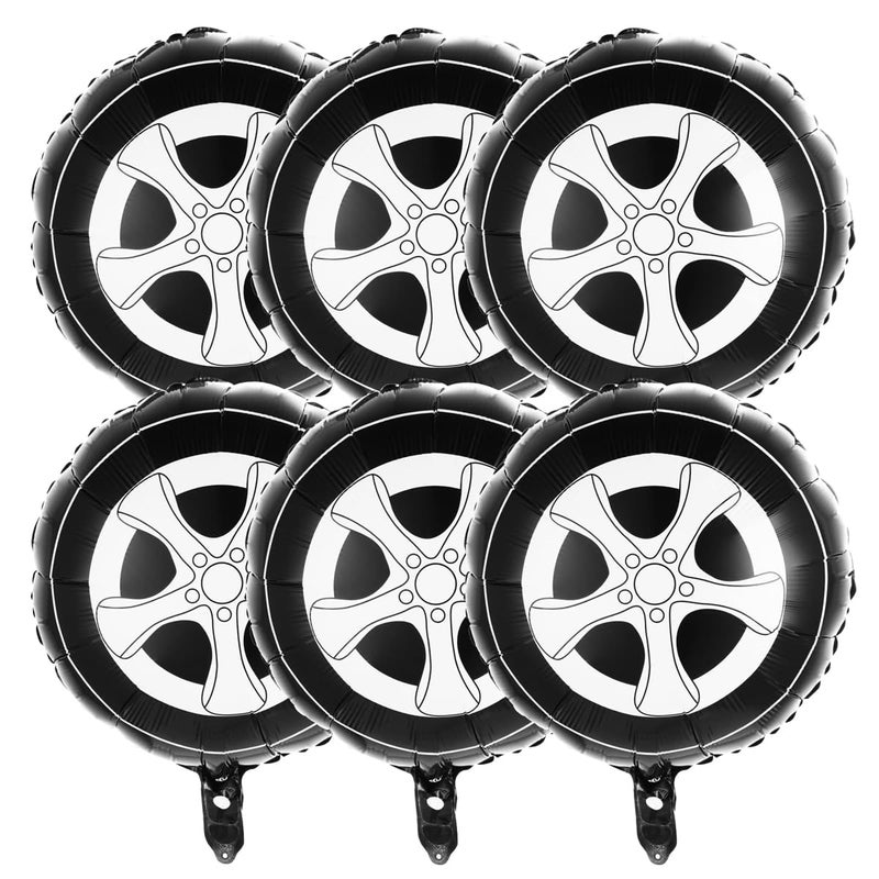 KASTWAVE 6 Pack 18 Inch Large Race Car Wheel Foil Balloons Birthday Party Decorations and Supplies in Black and White Perfect for Car Theme Parties and Kids Birthdays - Image 1