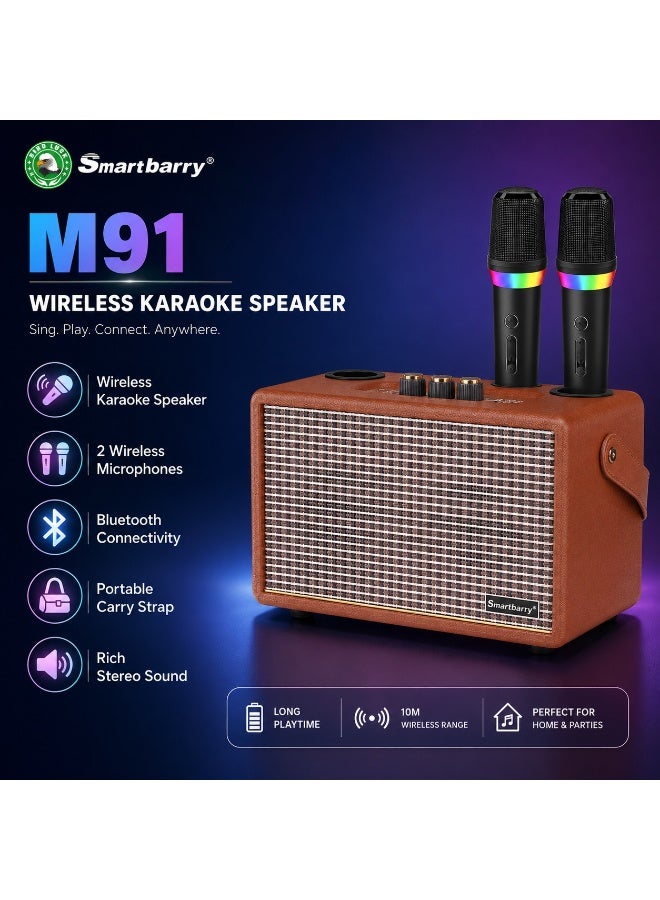 Smartbarry M91 Wireless Karaoke Speaker With 2 Wireless Microphones Portable Bluetooth Party Speaker Retro Brown Design Rechargeable Sound System USB AUX Support For Home Parties Outdoor Gatherings Music Entertainment - Image 3