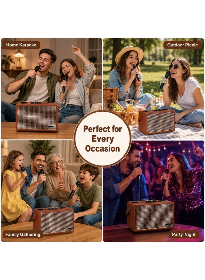 Smartbarry M91 Wireless Karaoke Speaker With 2 Wireless Microphones Portable Bluetooth Party Speaker Retro Brown Design Rechargeable Sound System USB AUX Support For Home Parties Outdoor Gatherings Music Entertainment - Image 5