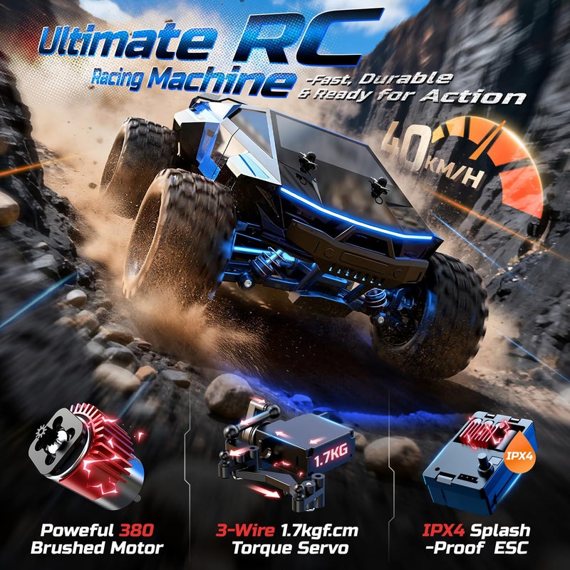 DEERC H16R Brushless Fast RC Cars,1:16 52KM/H High Speed Remote Control Car,4X4 All Terrains RC Monster Truck,Waterproof Off-Road Hobby Electric Vehicle Car Gift for Adults Boys,2 Li-ion Batteries - Image 3