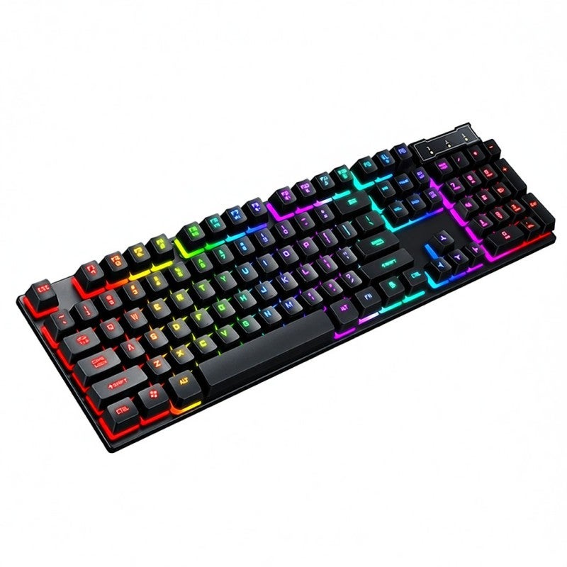 T-WOLF Wired Mechanical Gaming Keyboard: Black, 7-Color LED Rainbow Backlight - Durable Reinforced Plastic Frame, 12 Shortcut Keys for Immersive Fatigue-Free Gaming - Image 1